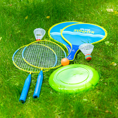 NRZ053 3W1 / ZESTAW DO BADMINTONA 2 RAKIETY + 2 RAKIETY NA PLAŻĘ + LOTKI + FRISBEE JUNIOR NILS